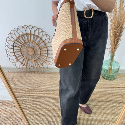 Bolso tote rafia beige/piel camel