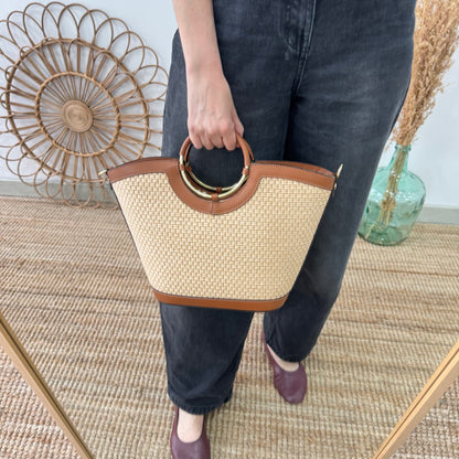 Bolso tote rafia beige/piel camel