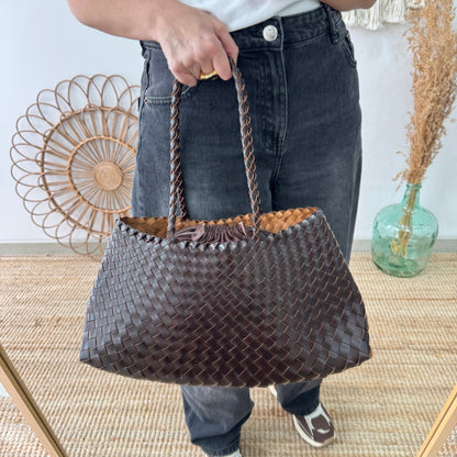 Bolso de piel trenzada trapecio marrón