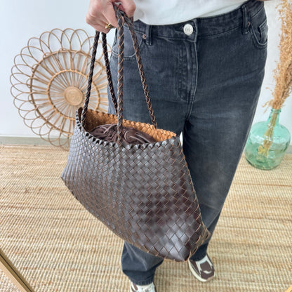 Bolso de piel trenzada trapecio marrón