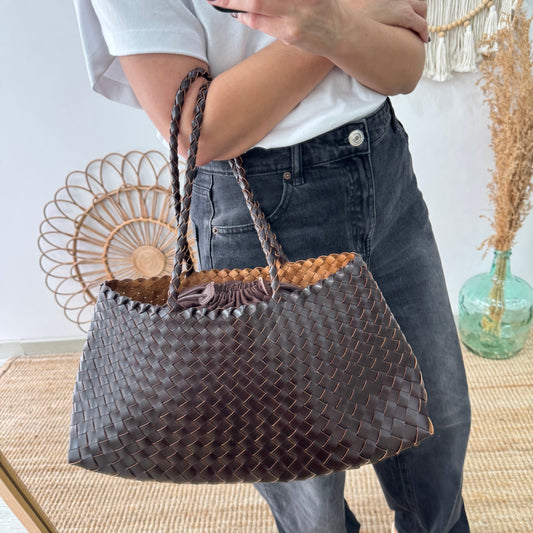 Bolso de piel trenzada trapecio marrón
