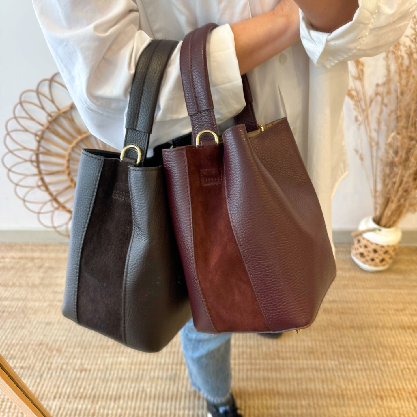 Bolso combinado marron piel y serraje nudo