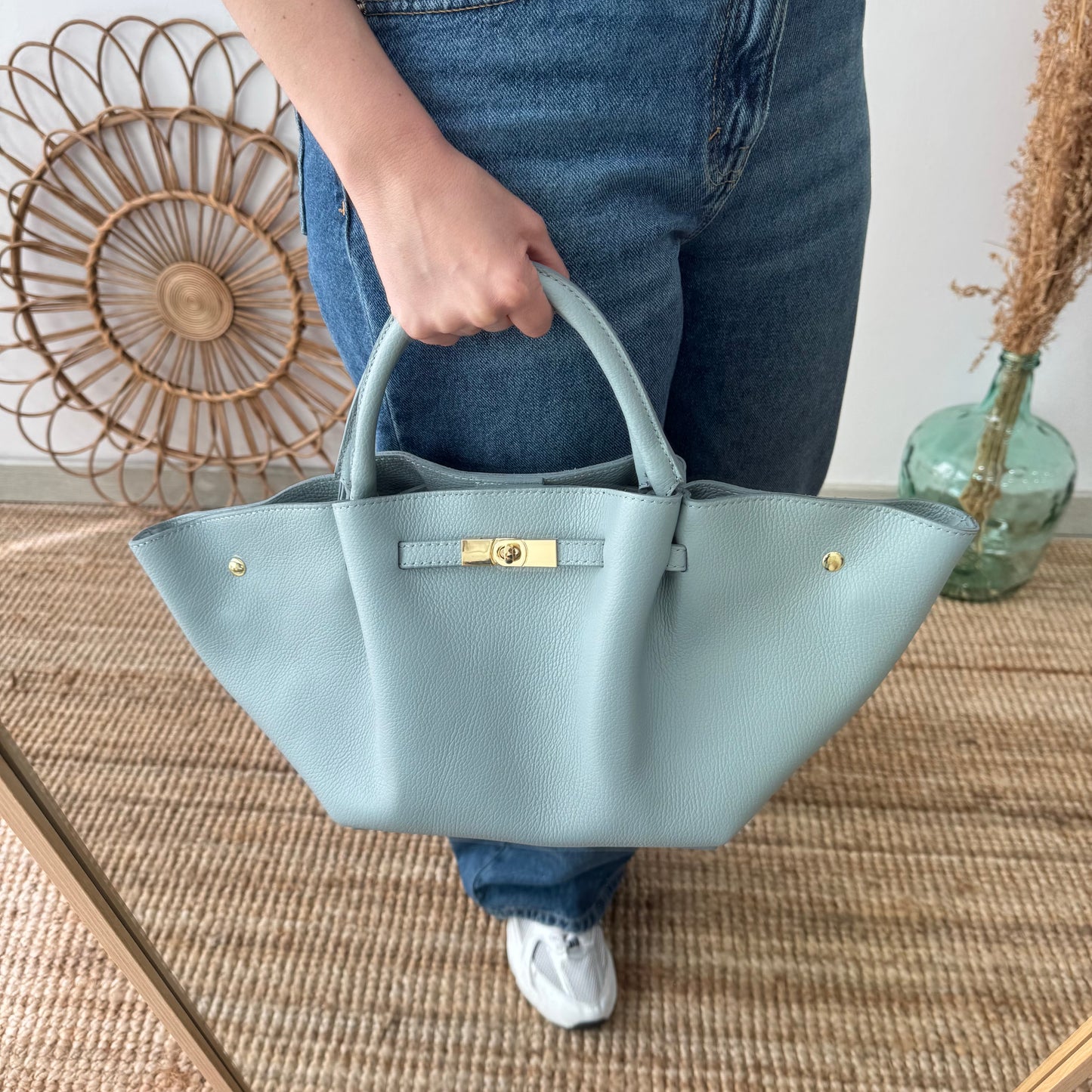 Bolso tote cierre piel celeste