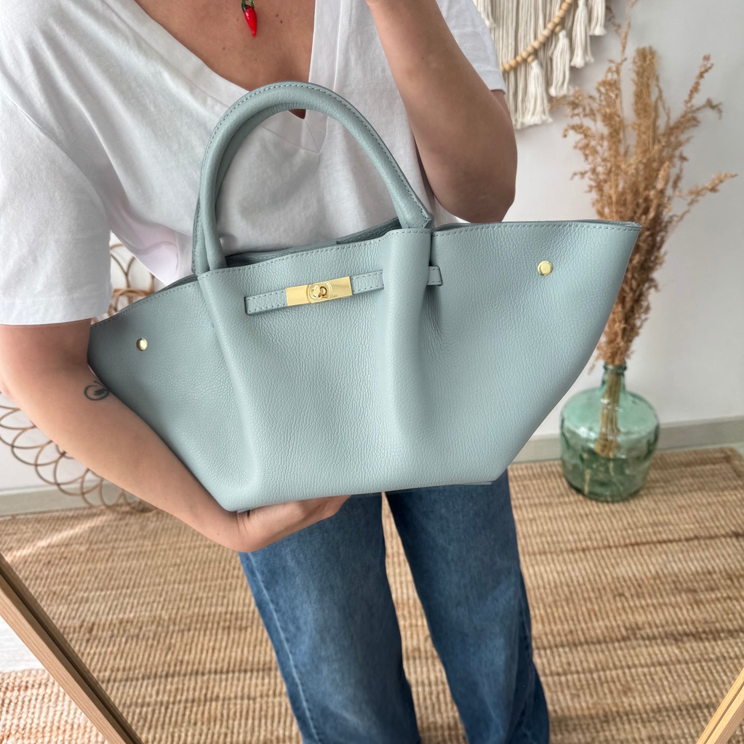 Bolso tote cierre piel celeste