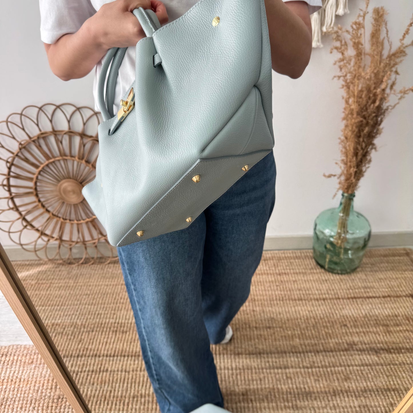 Bolso tote cierre piel celeste