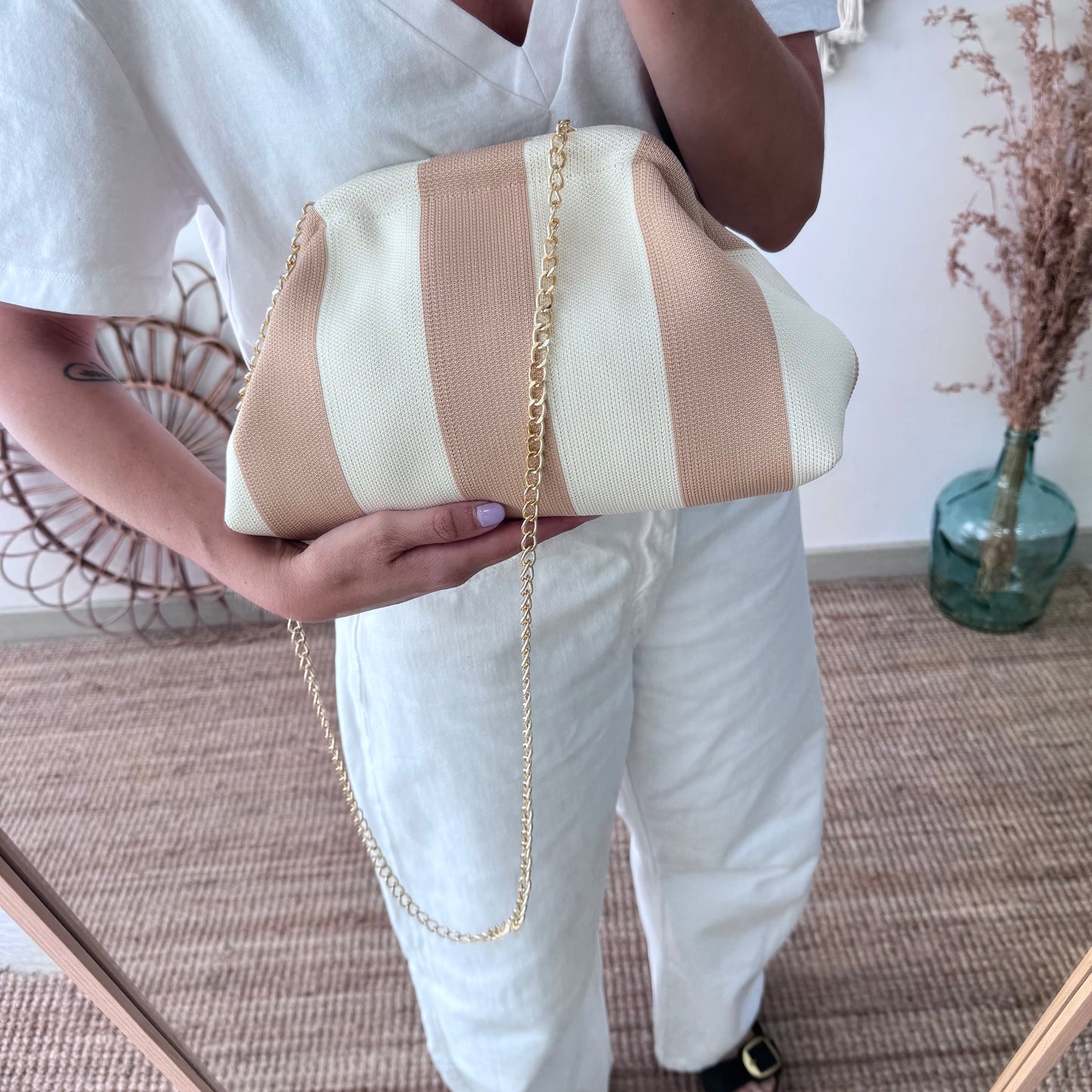 Clutch rayas beige camel personalizado