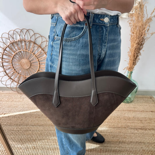Tote estructurado en piel y serraje marrón chocolate