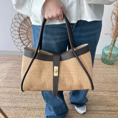 Bolso shopping piel y rafia marrón mediano