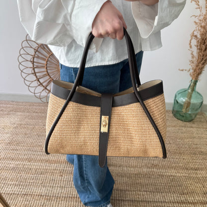 Bolso shopping piel y rafia marrón mediano