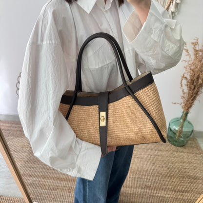 Bolso shopping piel y rafia marrón mediano