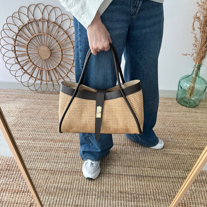 Bolso shopping piel y rafia marrón mediano