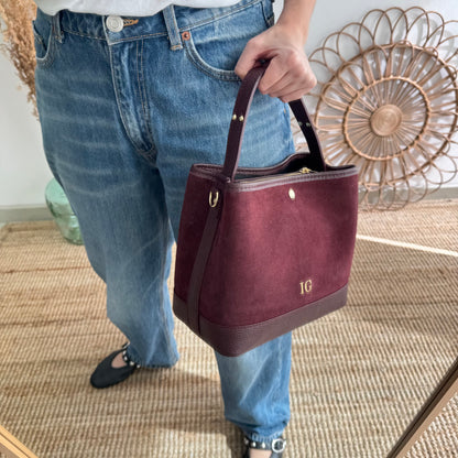 Bolso trapecio combinado serraje y piel granate