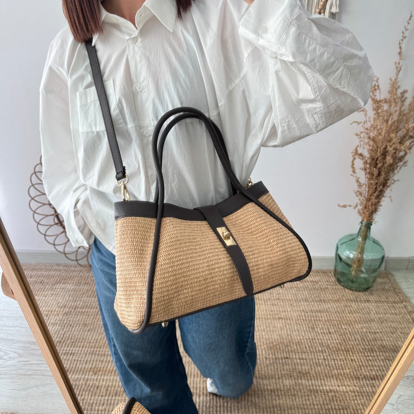 Bolso shopping piel y rafia marrón mediano