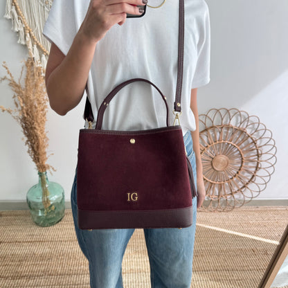 Bolso trapecio combinado serraje y piel granate