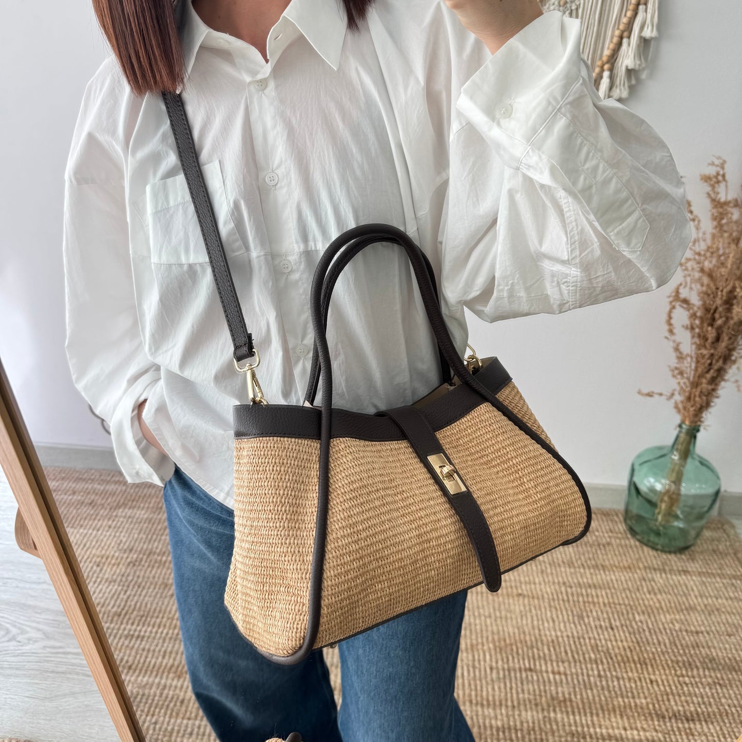 Bolso shopping piel y rafia marrón mediano