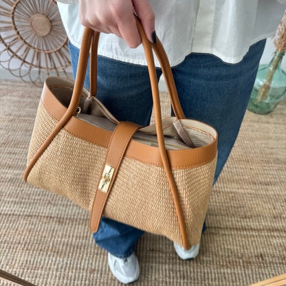 Bolso shopping piel y rafia camel mediano