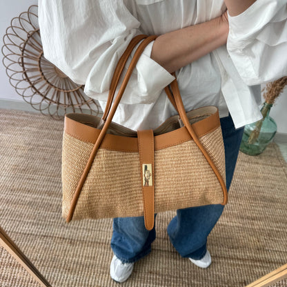 Bolso shopping piel y rafia camel mediano