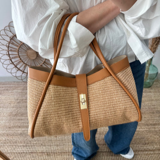 Bolso shopping piel y rafia camel mediano