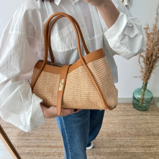 Bolso shopping piel y rafia camel mediano