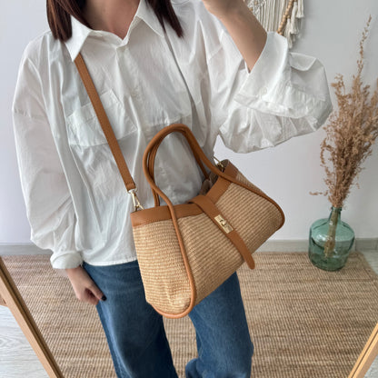 Bolso shopping piel y rafia camel mediano