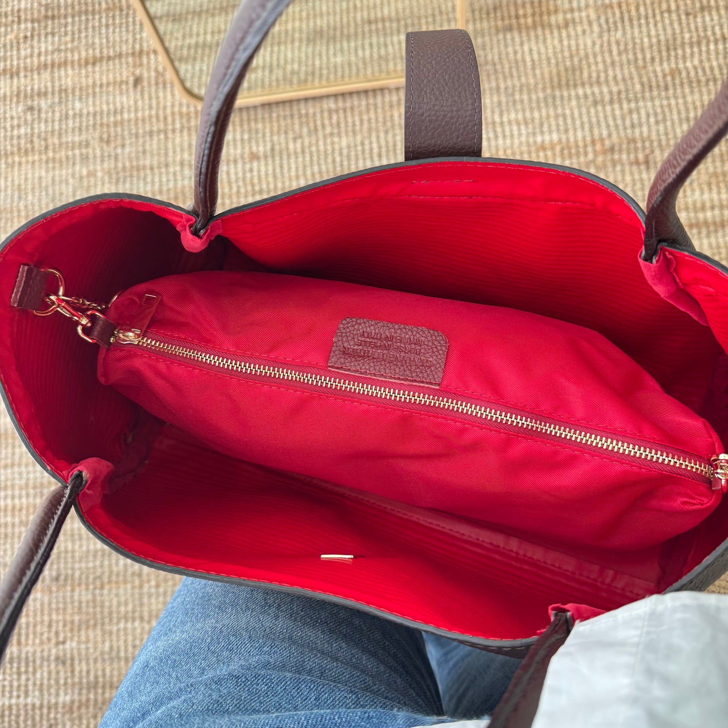 Bolso shopping piel y rafia marrón