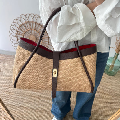 Bolso shopping piel y rafia marrón