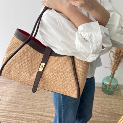 Bolso shopping piel y rafia marrón