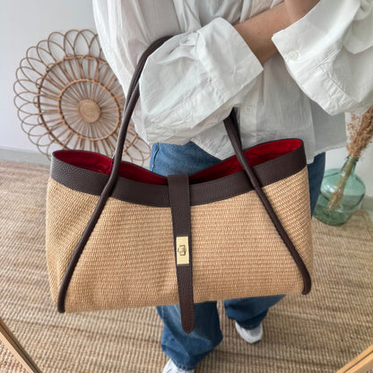 Bolso shopping piel y rafia marrón