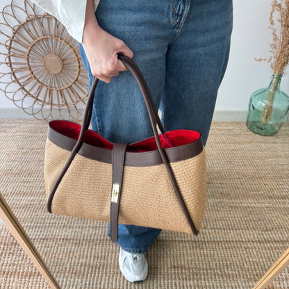 Bolso shopping piel y rafia marrón