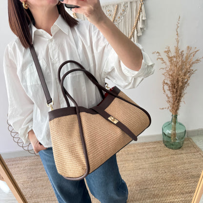Bolso shopping piel y rafia marrón
