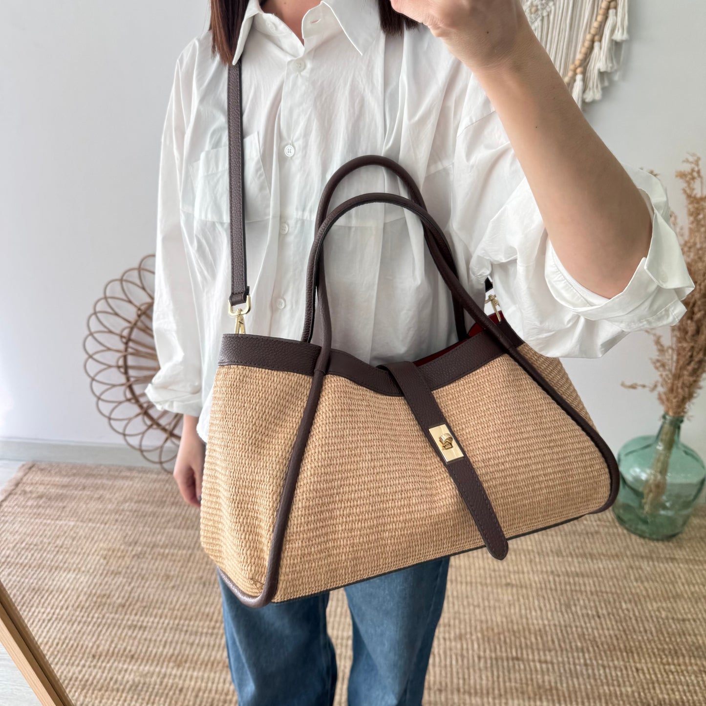 Bolso shopping piel y rafia marrón