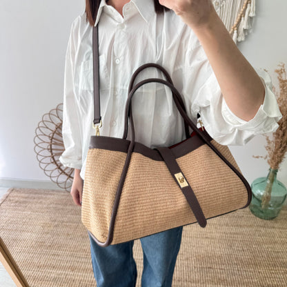 Bolso shopping piel y rafia marrón