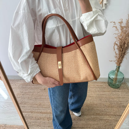 Bolso shopping piel y rafia camel