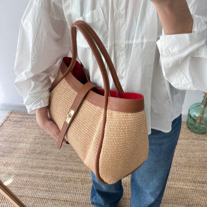 Bolso shopping piel y rafia camel