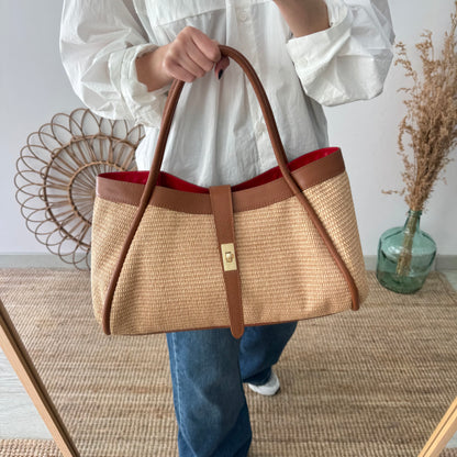 Bolso shopping piel y rafia camel