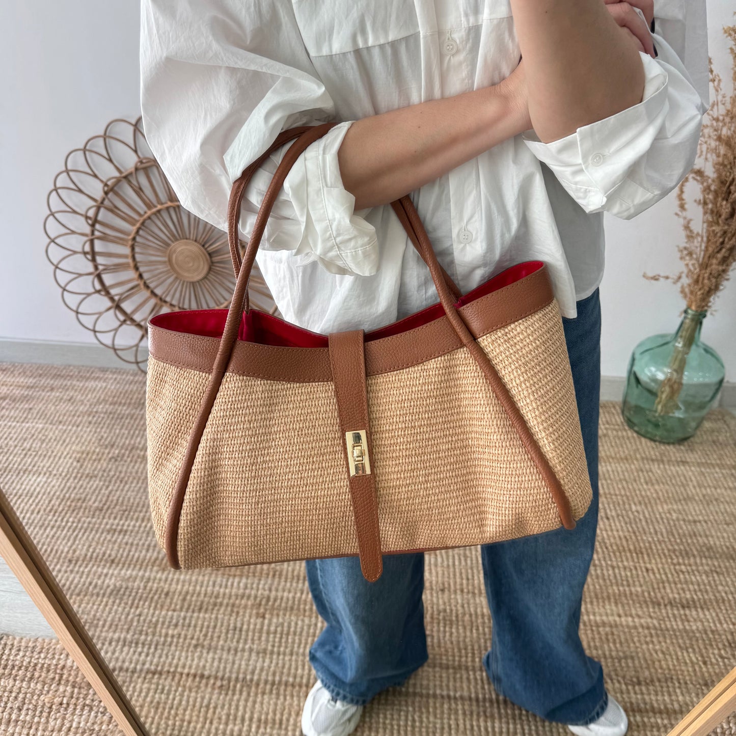 Bolso shopping piel y rafia camel