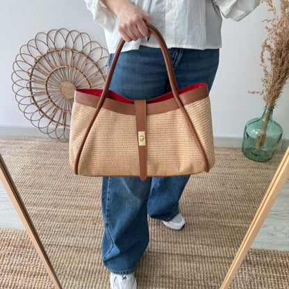 Bolso shopping piel y rafia camel