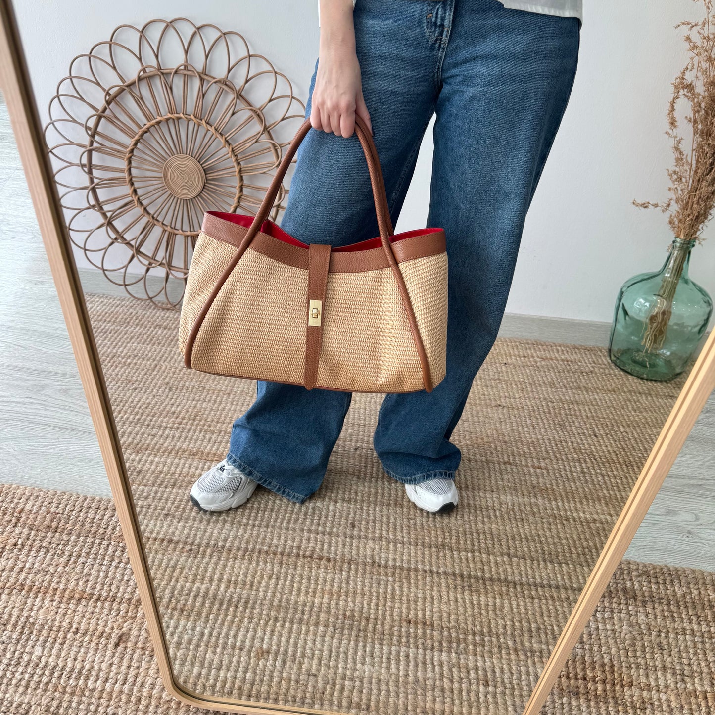 Bolso shopping piel y rafia camel