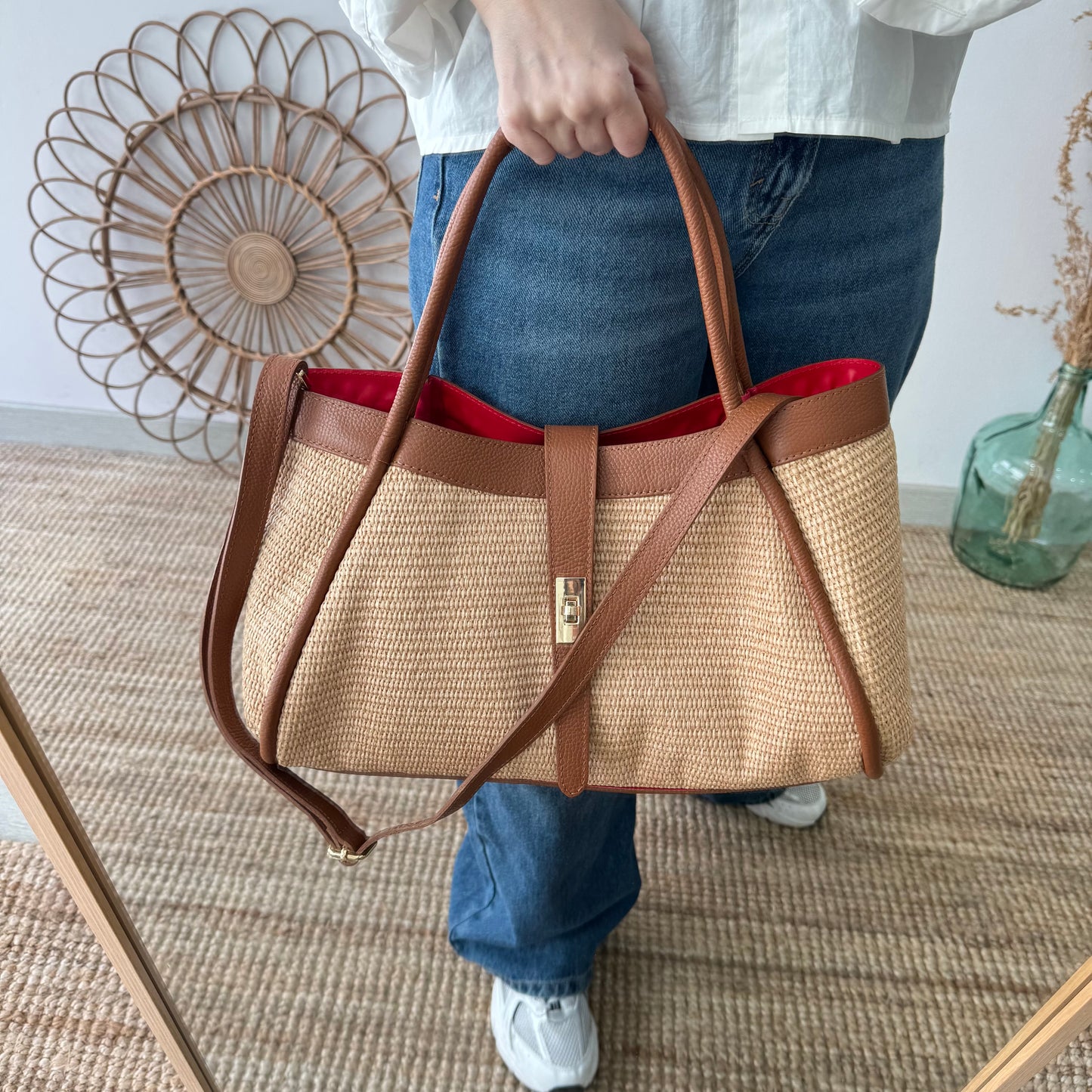 Bolso shopping piel y rafia camel