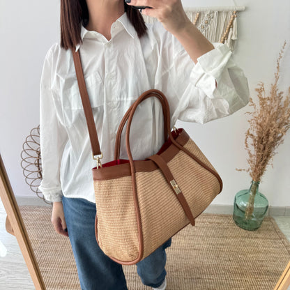 Bolso shopping piel y rafia camel