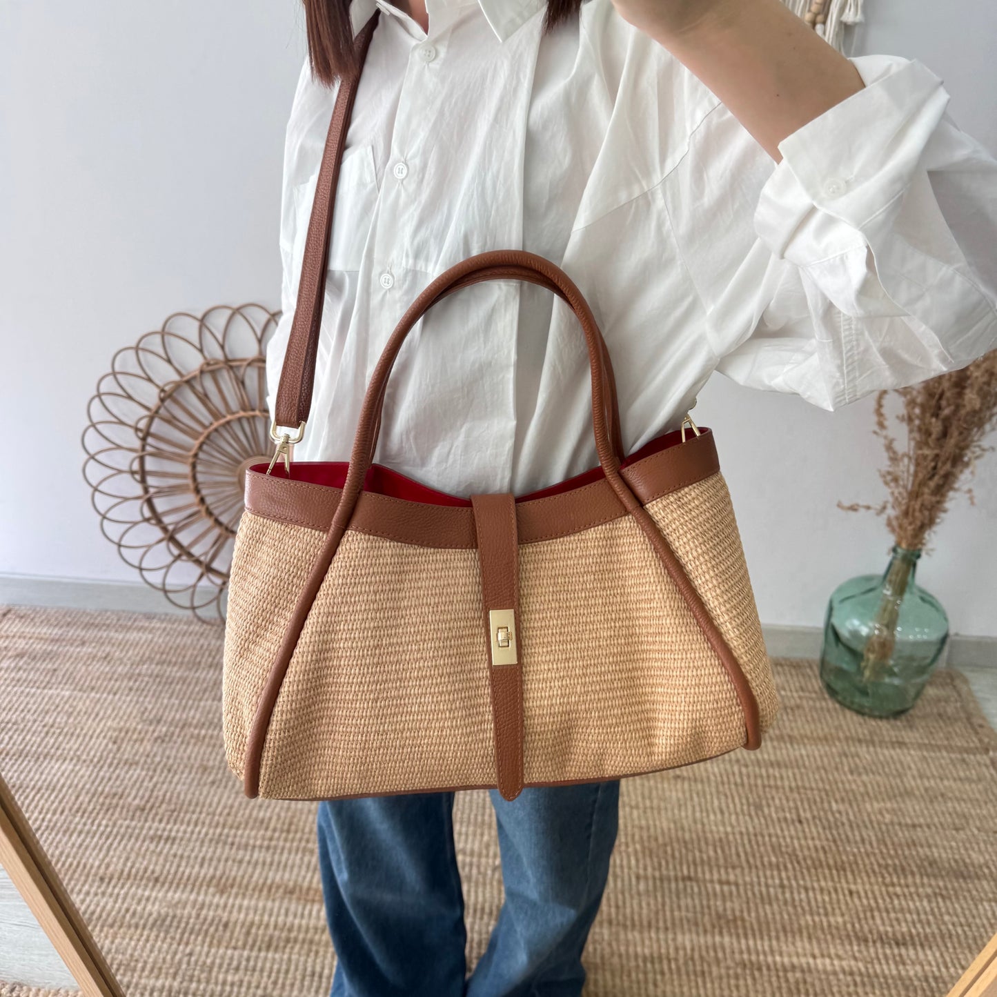 Bolso shopping piel y rafia camel
