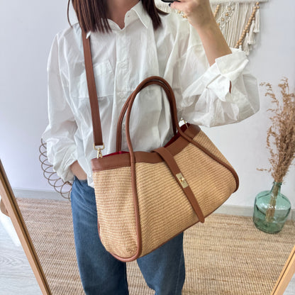 Bolso shopping piel y rafia camel