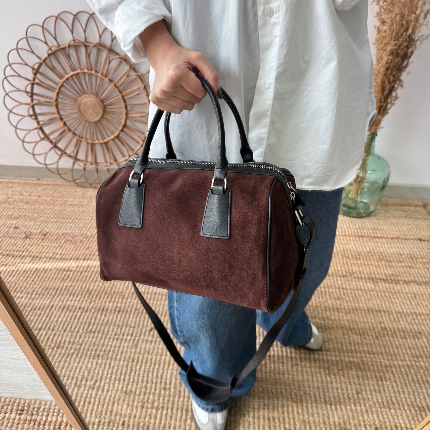 Bolso Bowling marrón chocolate Serraje y Piel