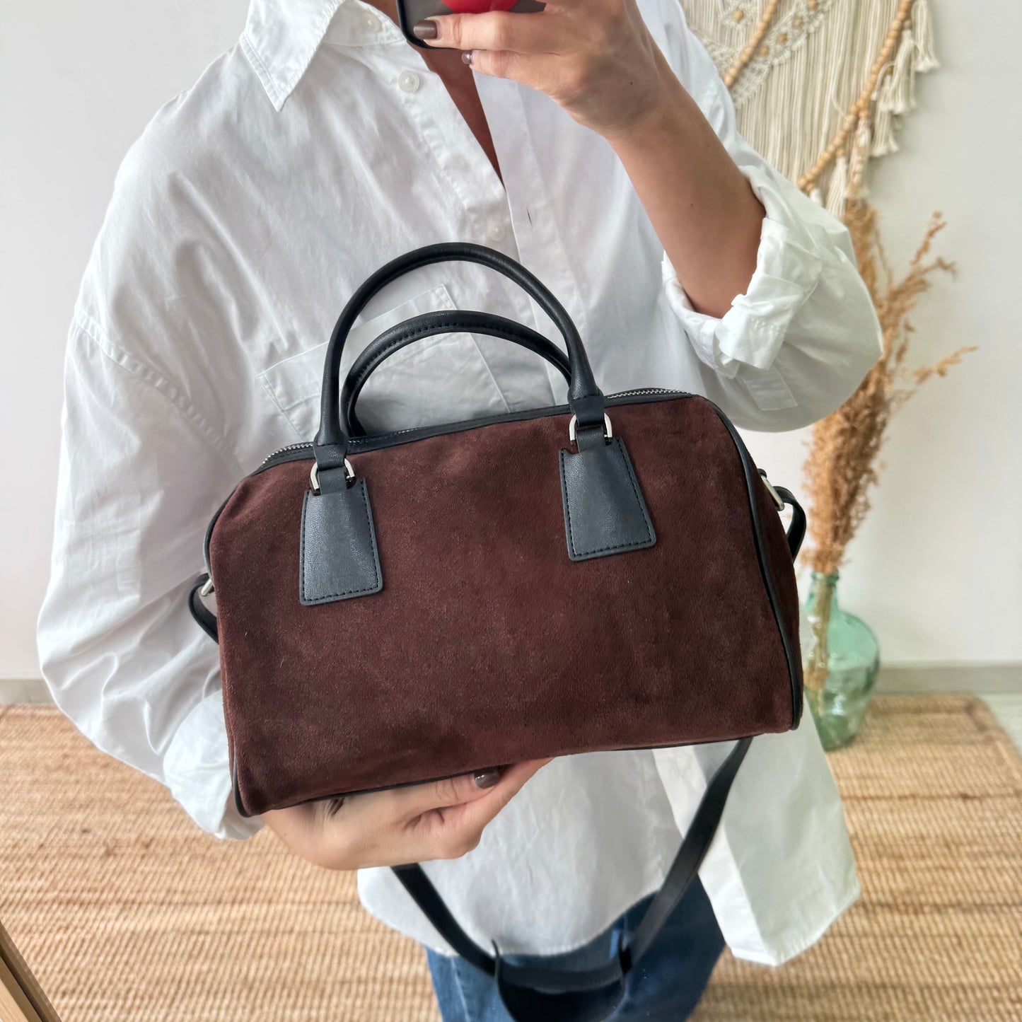 Bolso Bowling marrón chocolate Serraje y Piel
