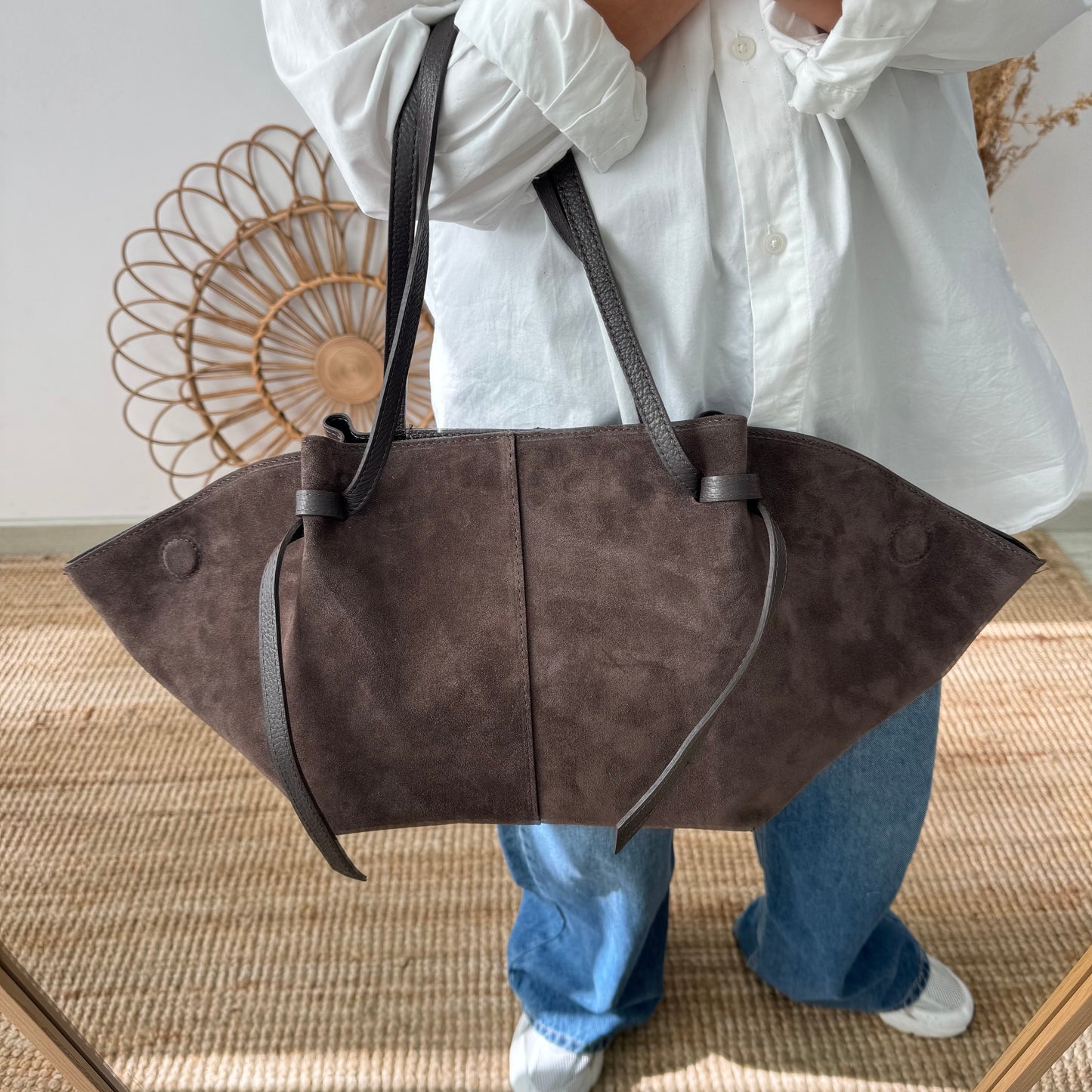 Bolso tote serraje marrón tiras