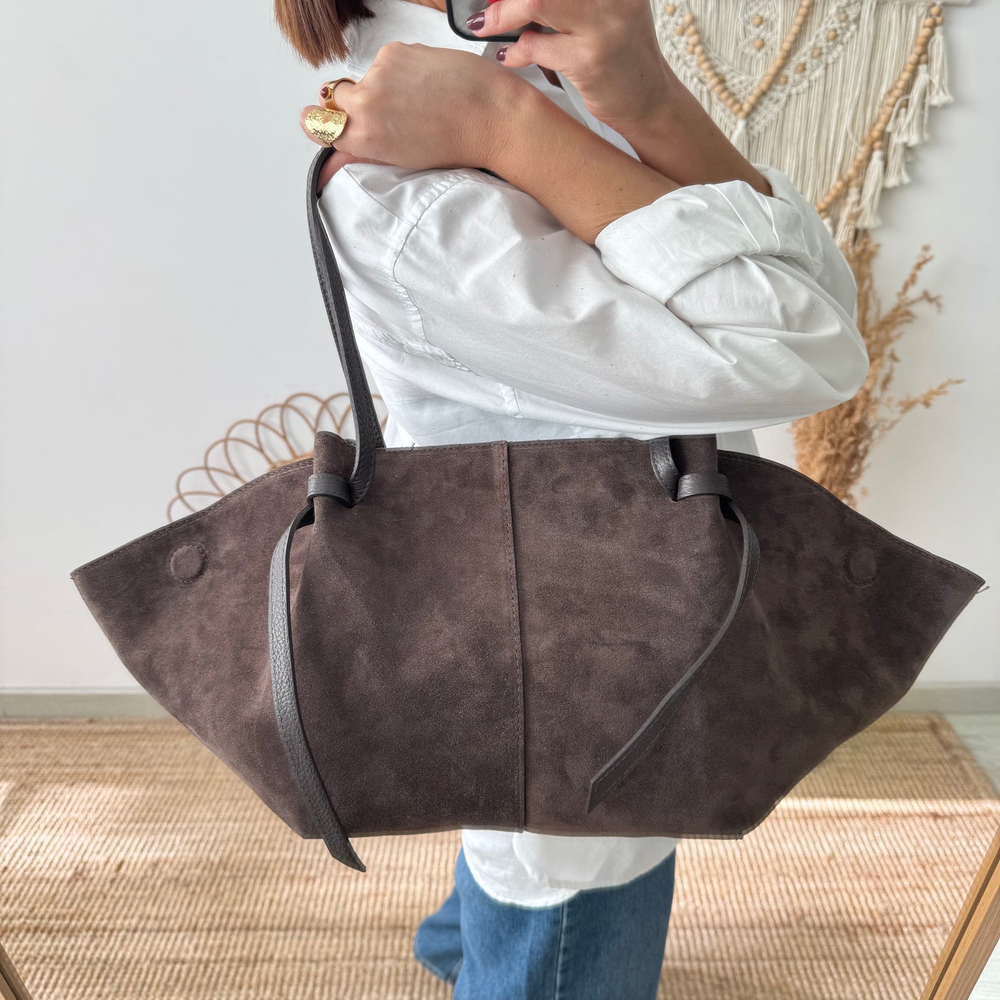Bolso tote serraje marrón tiras