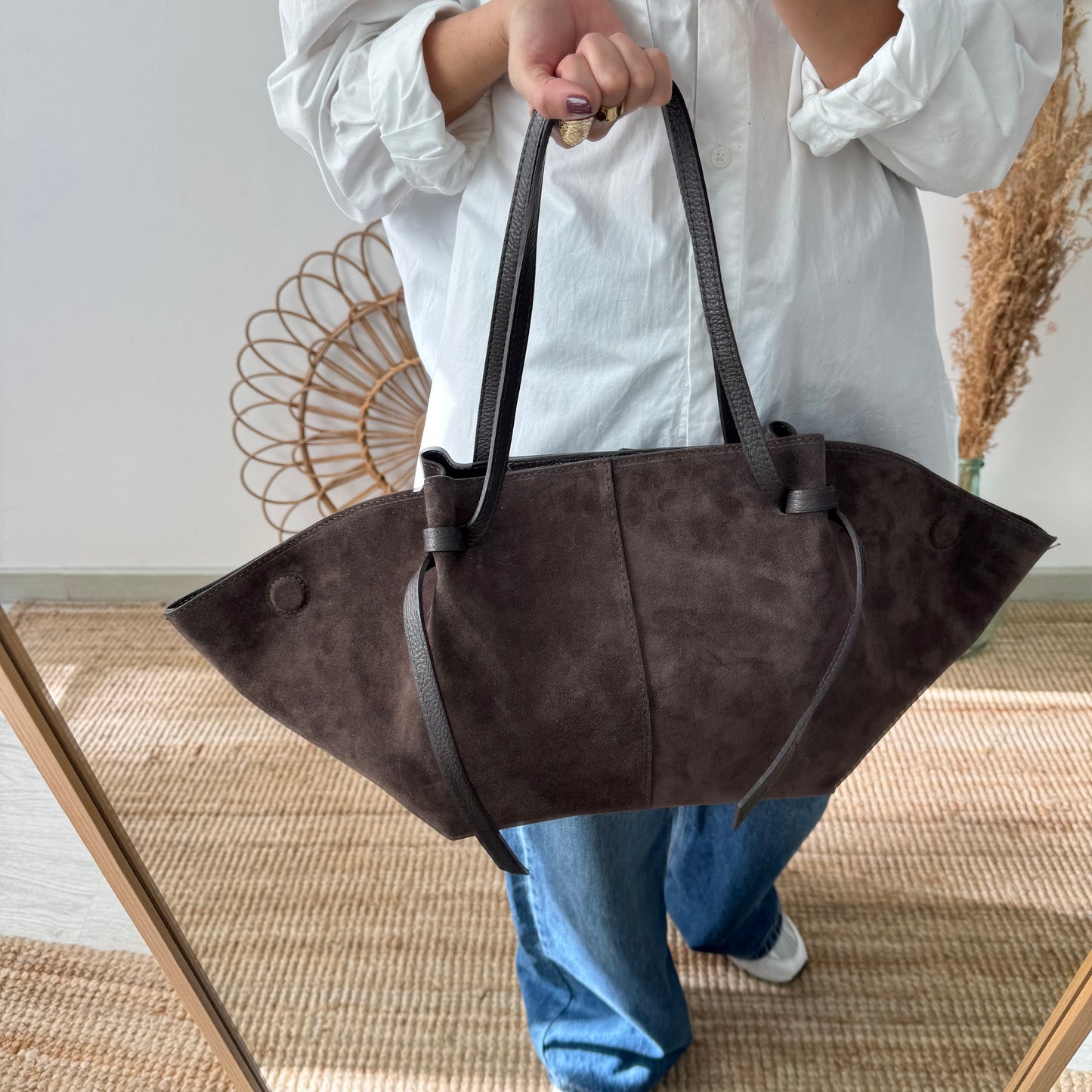 Bolso tote serraje marrón tiras