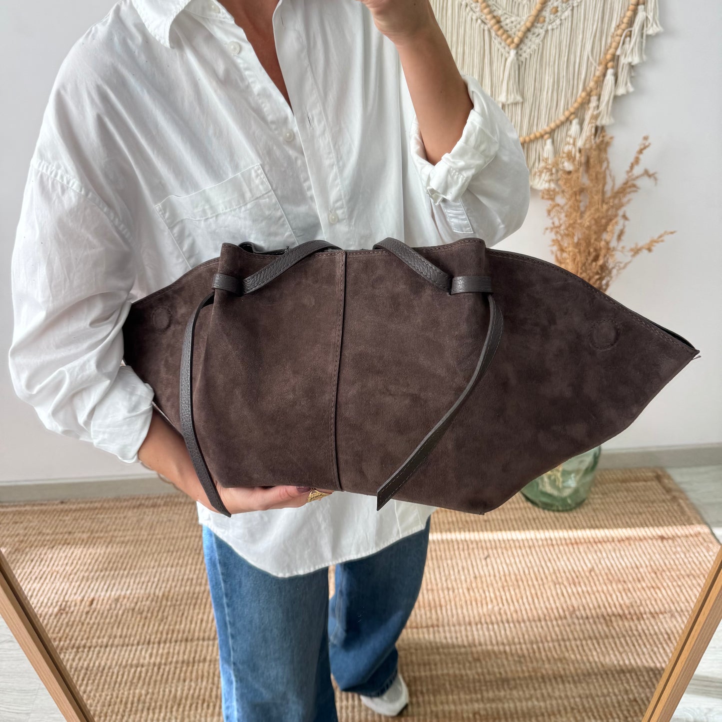 Bolso tote serraje marrón tiras
