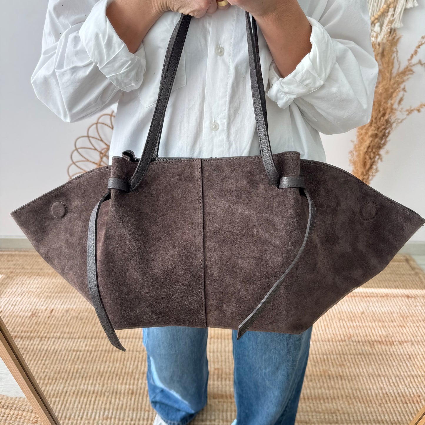 Bolso tote serraje marrón tiras