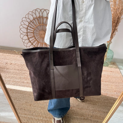 Bolso shopper bolsillo ante y piel marrón